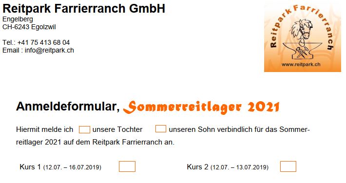 Anmeldung Sommerreitlager 2021 Reitpark Farrierranch